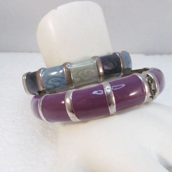Enamel Bamboo Style Hinge Bracelets Set of 2 Purple and Green Blues - Picture 12 of 16